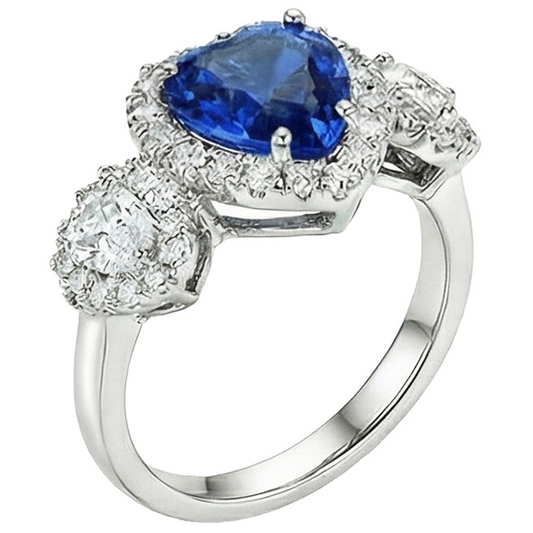 Anello Anniversario in Oro 7 Carati con Zaffiro Blu Taglio Cuore e Diamanti Halo