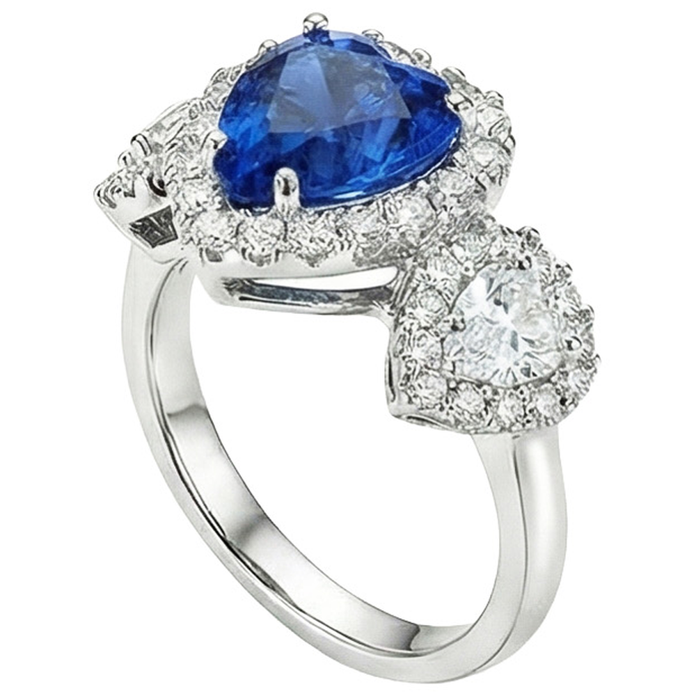 Anello Anniversario in Oro 7 Carati con Zaffiro Blu Taglio Cuore e Diamanti Halo