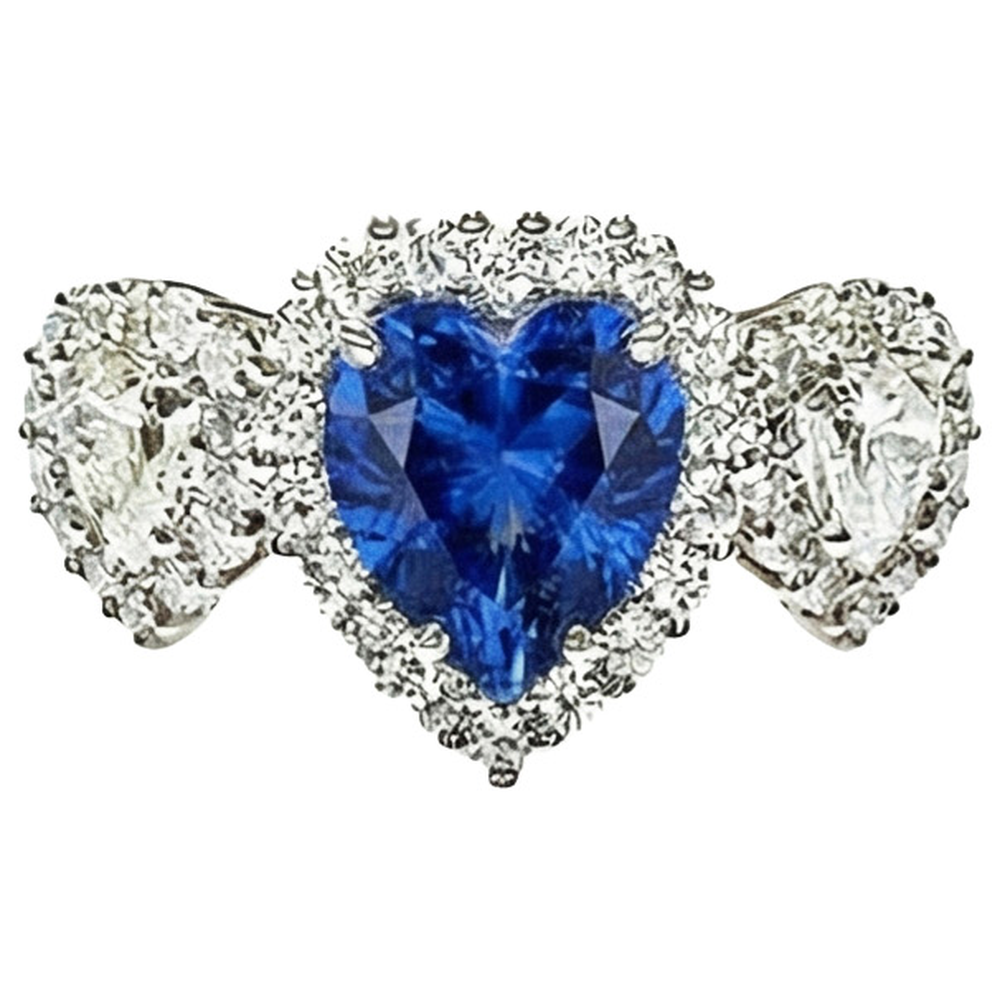 Anello Anniversario in Oro 7 Carati con Zaffiro Blu Taglio Cuore e Diamanti Halo
