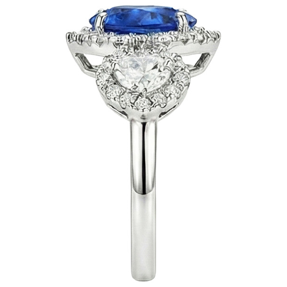 Anello Anniversario in Oro 7 Carati con Zaffiro Blu Taglio Cuore e Diamanti Halo