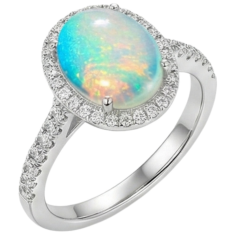 Anello Anniversario in oro bianco 14K con opale grande e diamanti da 9.40 ct