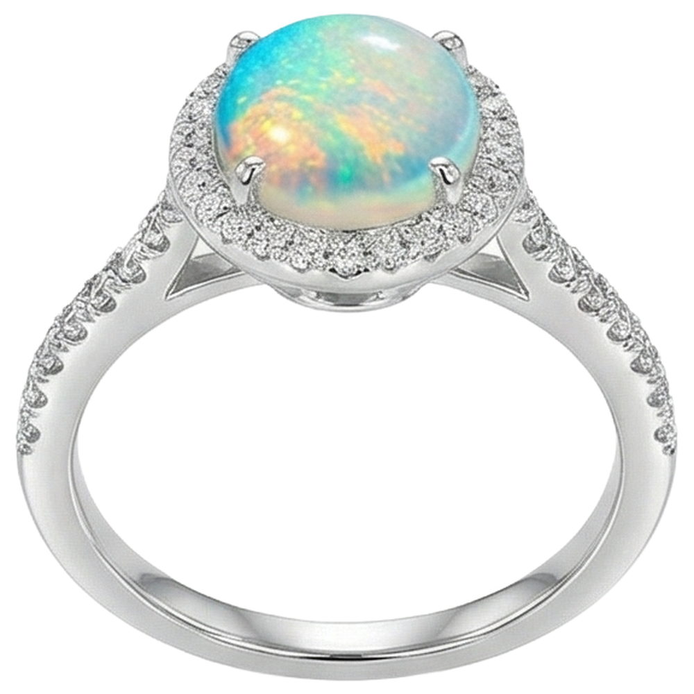 Anello Anniversario in oro bianco 14K con opale grande e diamanti da 9.40 ct