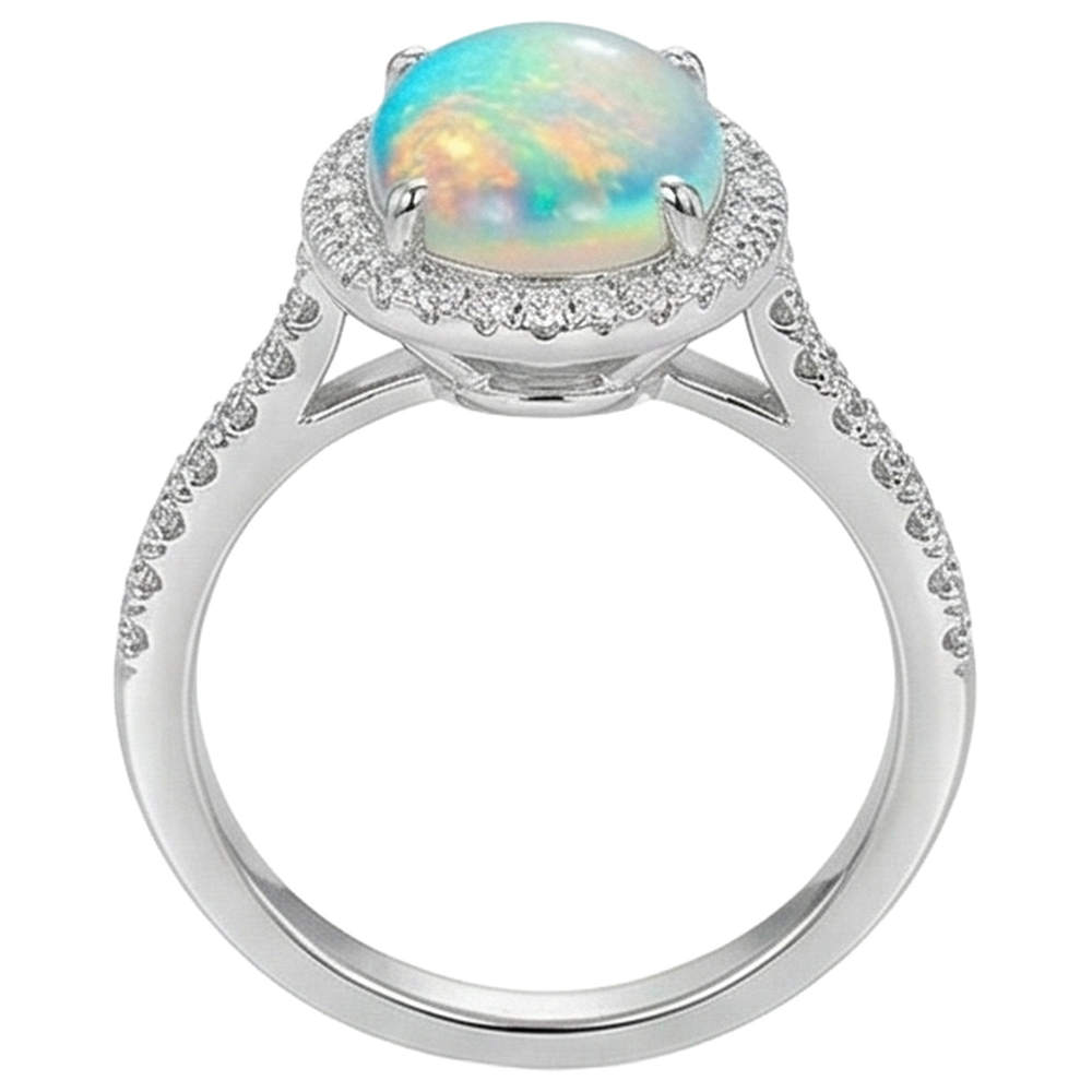Anello Anniversario in oro bianco 14K con opale grande e diamanti da 9.40 ct