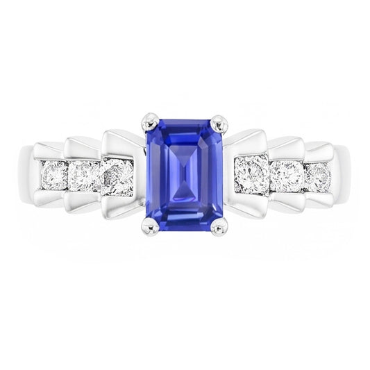 Anello Anniversario plissettato con zaffiro blu smeraldo da 2 carati in oro bianco 14K