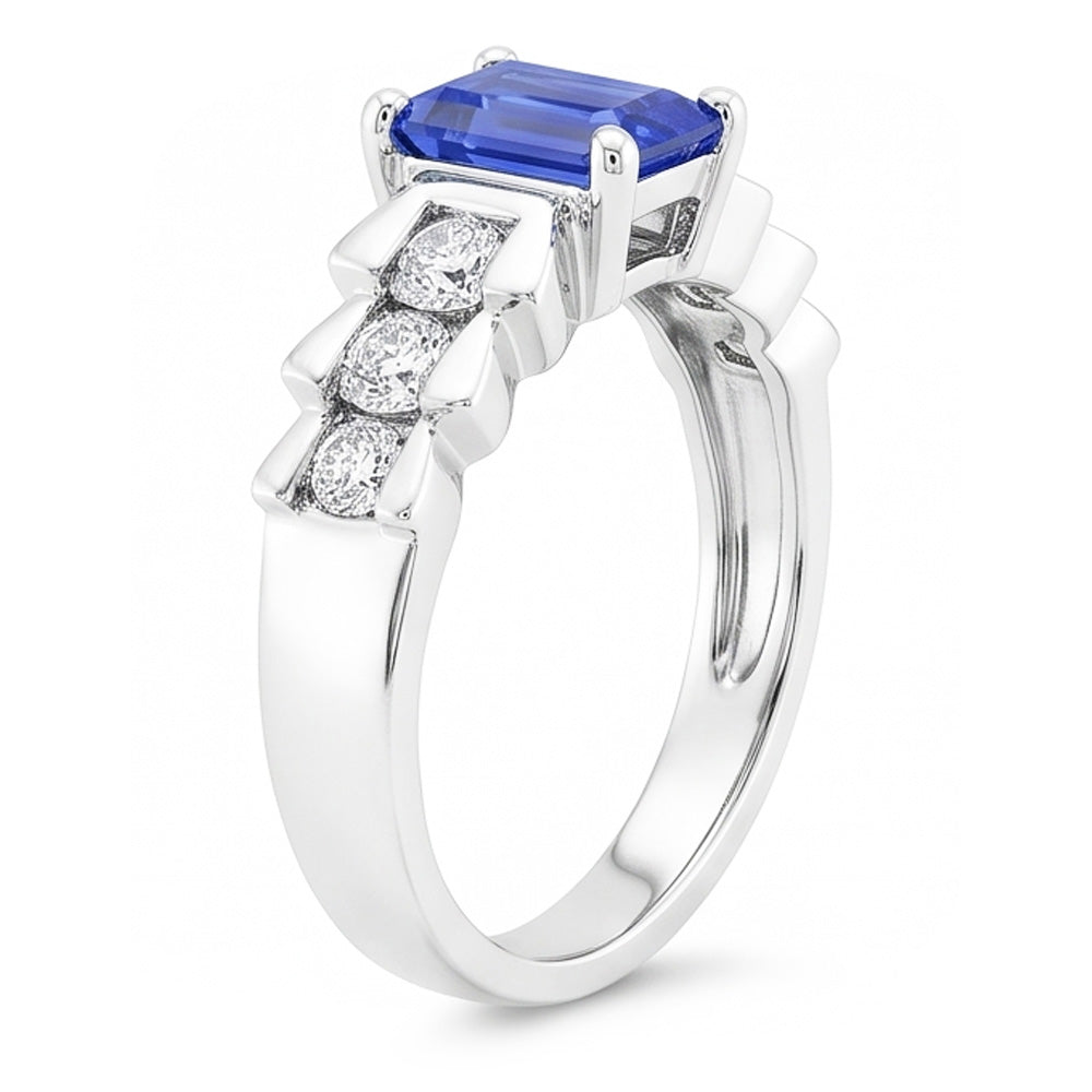 Anello Anniversario plissettato con zaffiro blu smeraldo da 2 carati in oro bianco 14K