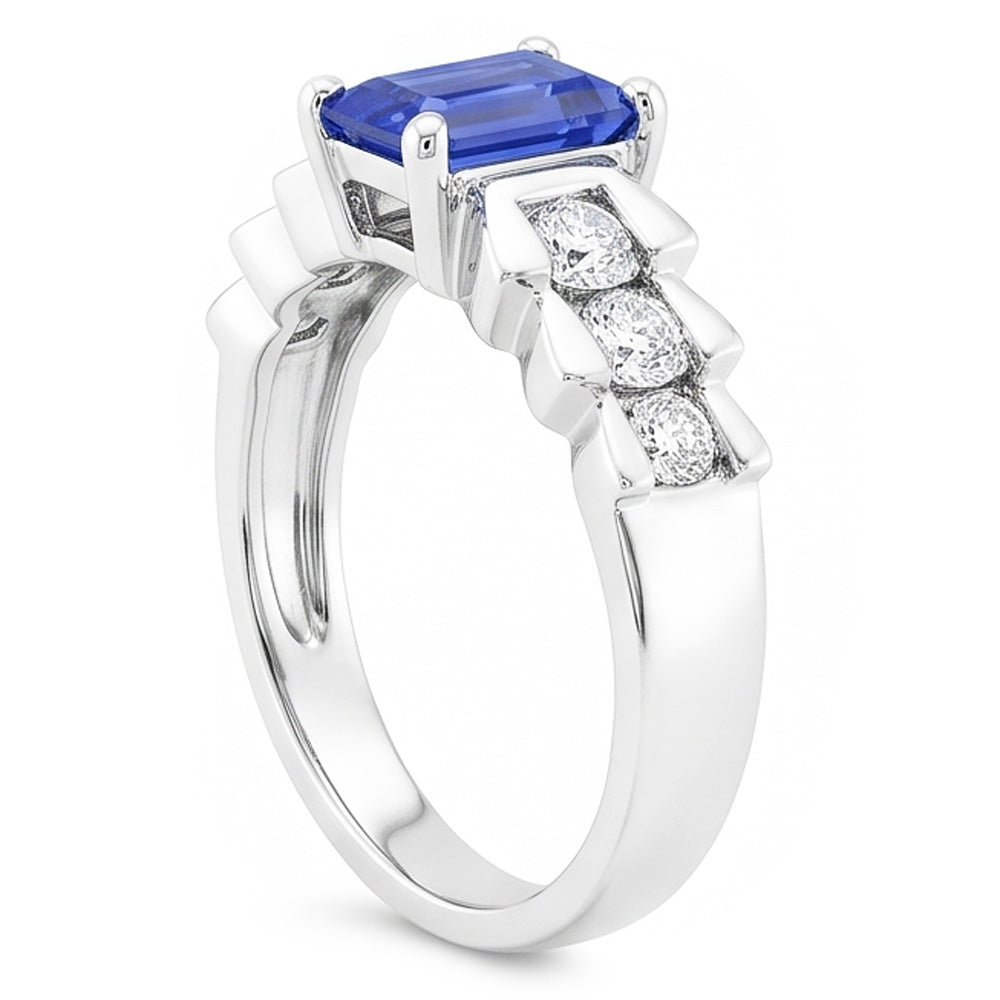 Anello Anniversario plissettato con zaffiro blu smeraldo da 2 carati in oro bianco 14K