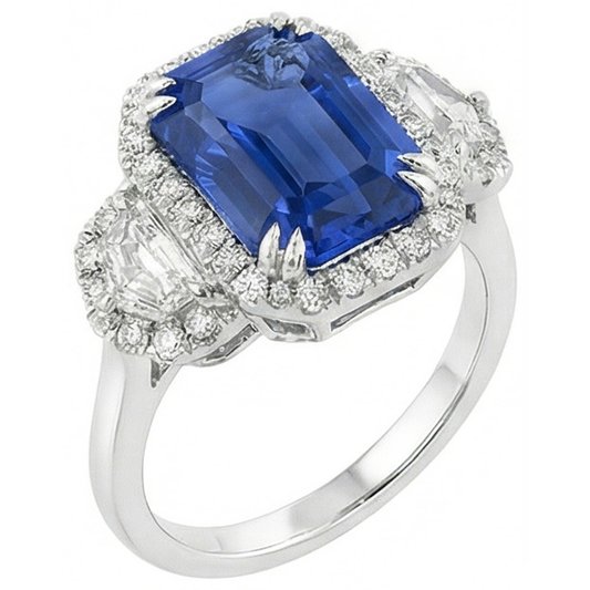 Anello Anniversary Halo con zaffiro di Ceylon di smeraldo da 5 carati e diamante