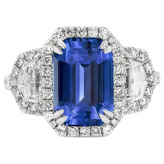 Anello Anniversary Halo con zaffiro di Ceylon di smeraldo da 5 carati e diamante