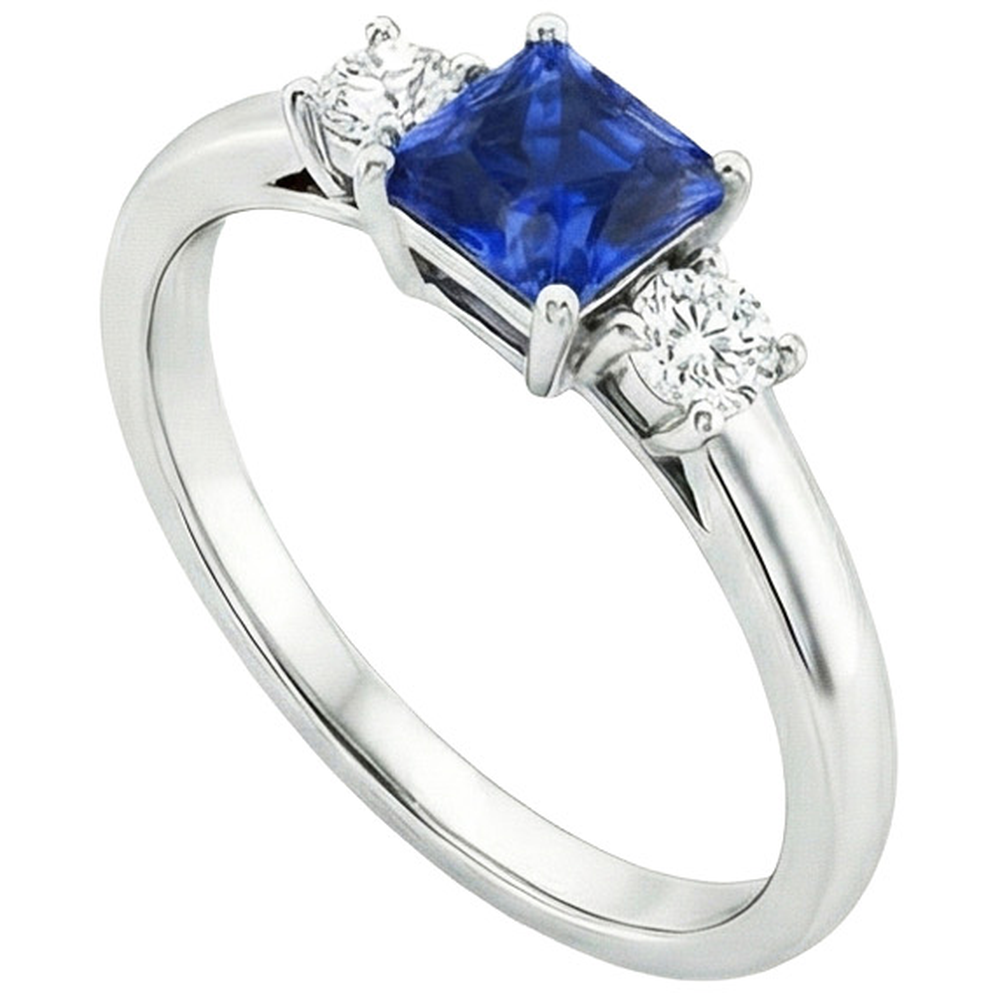 Anello Anniversary con diamante tondo e zaffiro principessa blu da 1,25 carati e oro bianco 14K