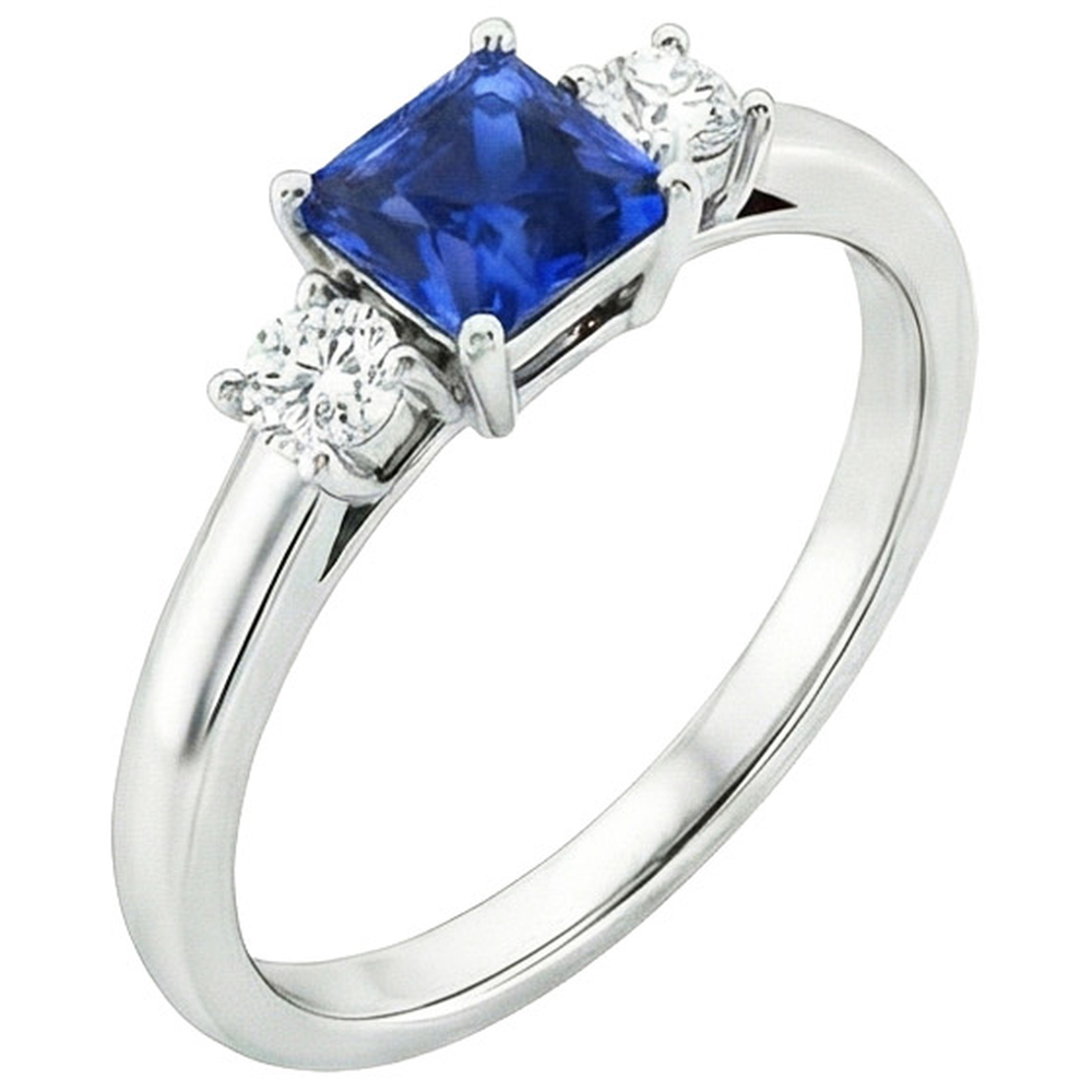 Anello Anniversary con diamante tondo e zaffiro principessa blu da 1,25 carati e oro bianco 14K