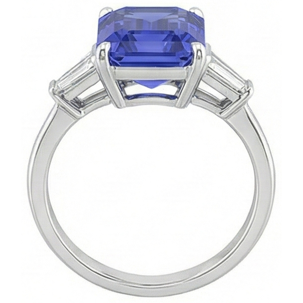 Anello Baguette 3 pietre con diamante zaffiro Ceylon taglio smeraldo 2.75 carati