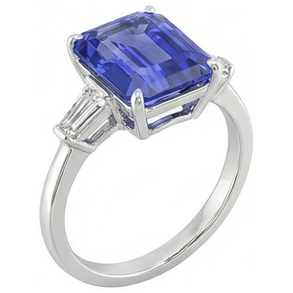 Anello Baguette 3 pietre con diamante zaffiro Ceylon taglio smeraldo 2.75 carati