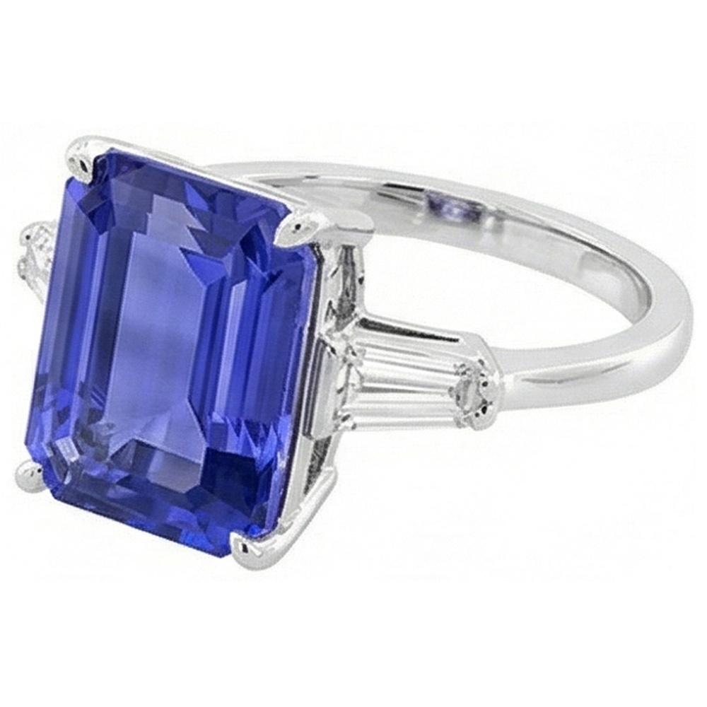 Anello Baguette 3 pietre con diamante zaffiro Ceylon taglio smeraldo 2.75 carati