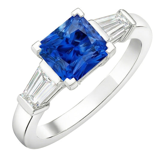 Anello Baguette Diamante Naturale Autentico ( non creato in laboratorio ) 3 Pietre Zaffiro Azzurro Radiante 2.50 Carati