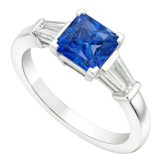 Anello Baguette Diamante Naturale Autentico ( non creato in laboratorio ) 3 Pietre Zaffiro Azzurro Radiante 2.50 Carati
