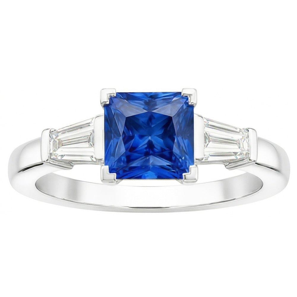 Anello Baguette Diamante Naturale Autentico ( non creato in laboratorio ) 3 Pietre Zaffiro Azzurro Radiante 2.50 Carati