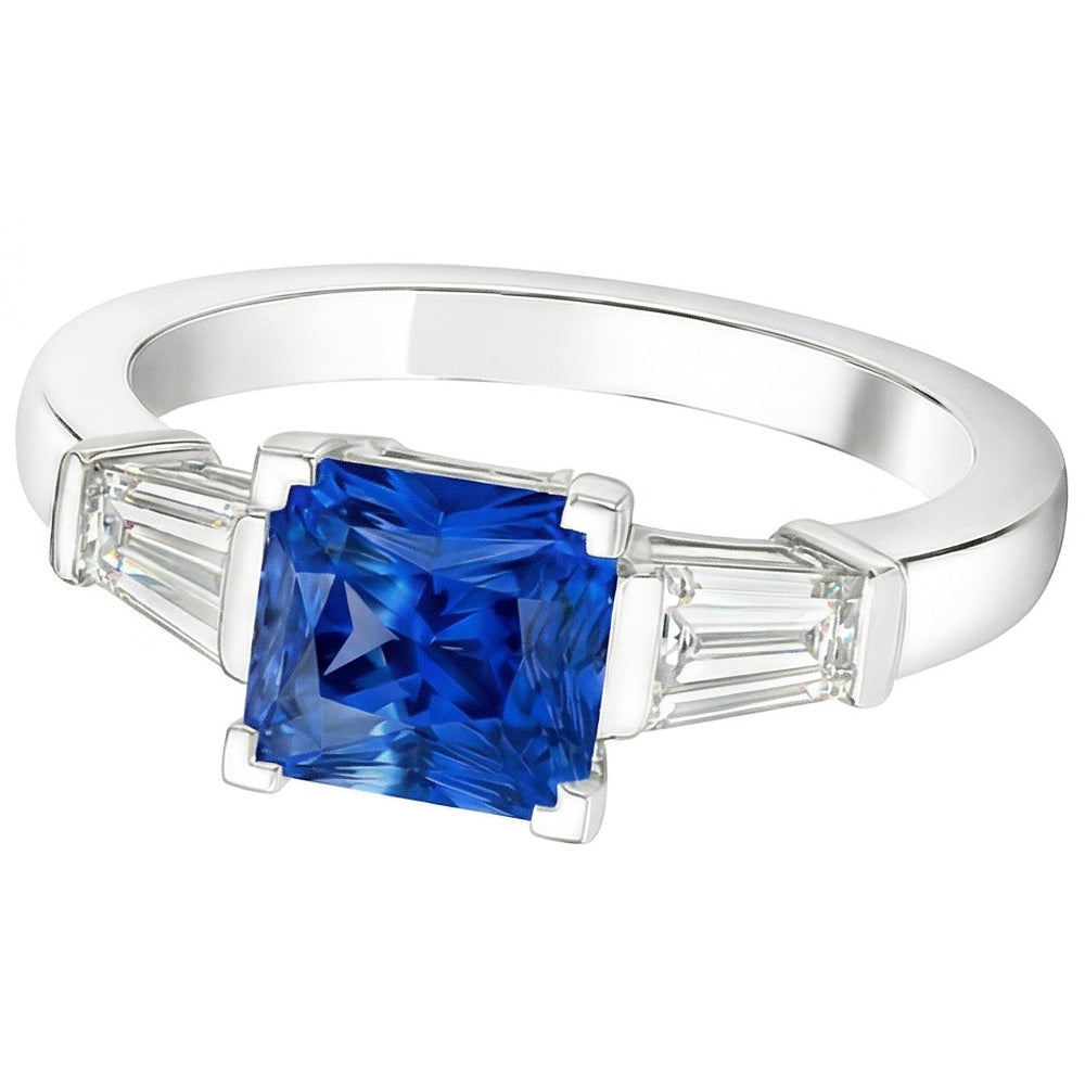 Anello Baguette Diamante Naturale Autentico ( non creato in laboratorio ) 3 Pietre Zaffiro Azzurro Radiante 2.50 Carati