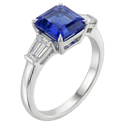 Anello Baguette Diamante Naturale Autentico ( non creato in laboratorio ) 3 Pietre Zaffiro Blu Taglio Asscher 2.50 Carati