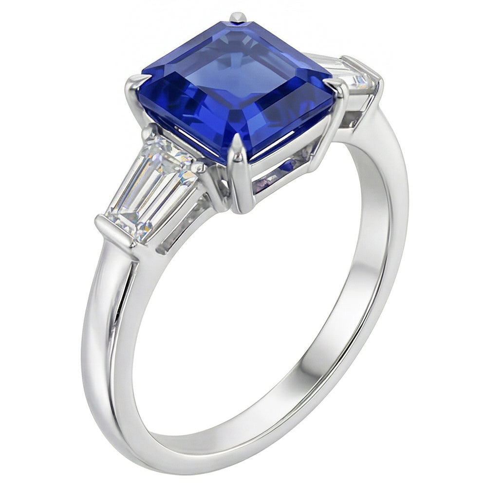 Anello Baguette Diamante Naturale Autentico ( non creato in laboratorio ) 3 Pietre Zaffiro Blu Taglio Asscher 2.50 Carati