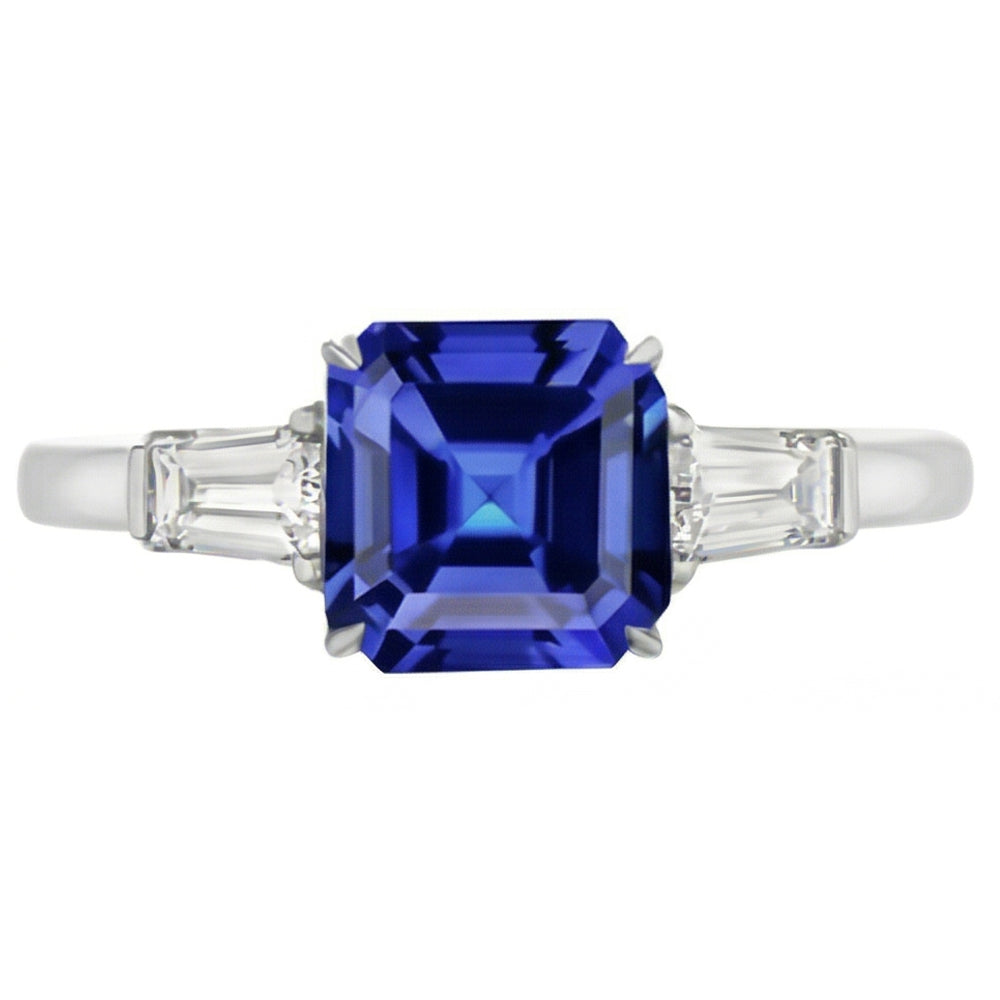 Anello Baguette Diamante Naturale Autentico ( non creato in laboratorio ) 3 Pietre Zaffiro Blu Taglio Asscher 2.50 Carati