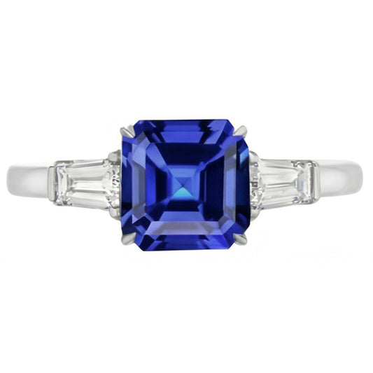 Anello Baguette Diamante Naturale Autentico ( non creato in laboratorio ) 3 Pietre Zaffiro Blu Taglio Asscher 2.50 Carati
