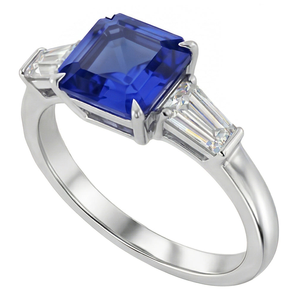 Anello Baguette Diamante Naturale Autentico ( non creato in laboratorio ) 3 Pietre Zaffiro Blu Taglio Asscher 2.50 Carati