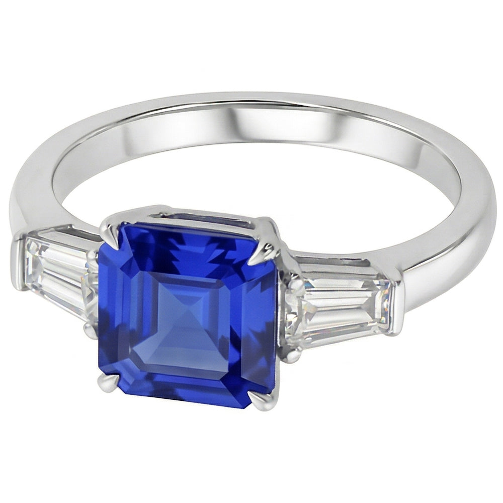 Anello Baguette Diamante Naturale Autentico ( non creato in laboratorio ) 3 Pietre Zaffiro Blu Taglio Asscher 2.50 Carati