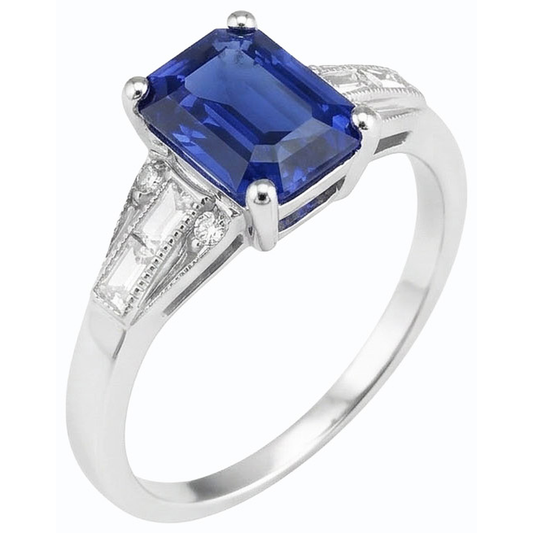 Anello Baguette con zaffiro blu smeraldo e diamante rotondo 4 carati