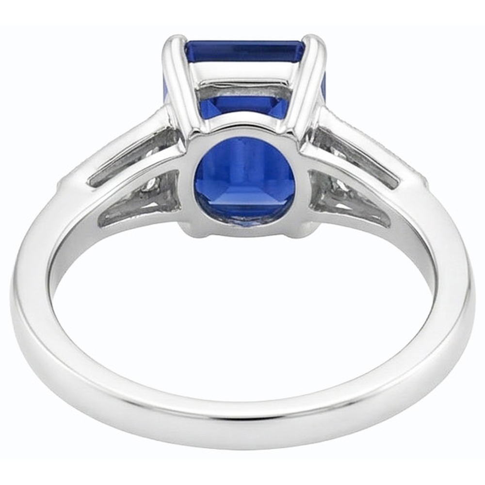 Anello Baguette con zaffiro blu smeraldo e diamante rotondo 4 carati