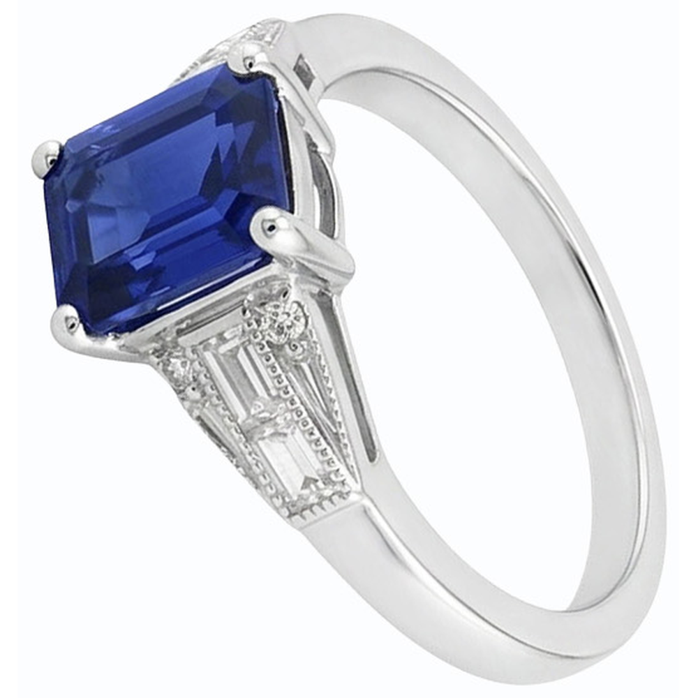 Anello Baguette con zaffiro blu smeraldo e diamante rotondo 4 carati