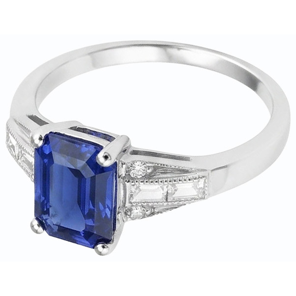 Anello Baguette con zaffiro blu smeraldo e diamante rotondo 4 carati