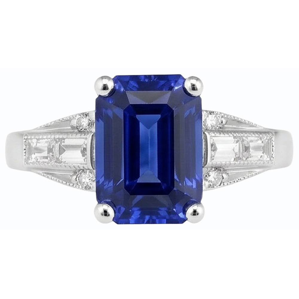 Anello Baguette con zaffiro blu smeraldo e diamante rotondo 4 carati