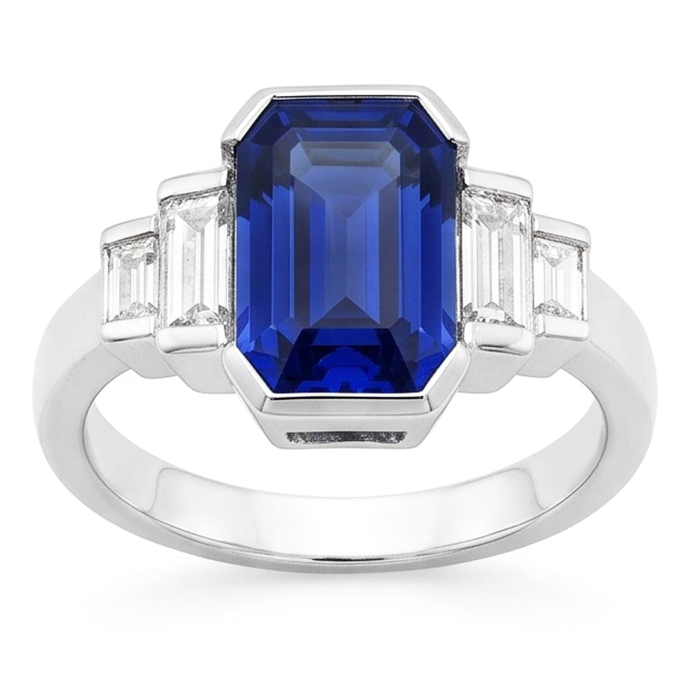 Anello Barretta con zaffiro blu taglio brillante da 2 carati e diamanti baguette
