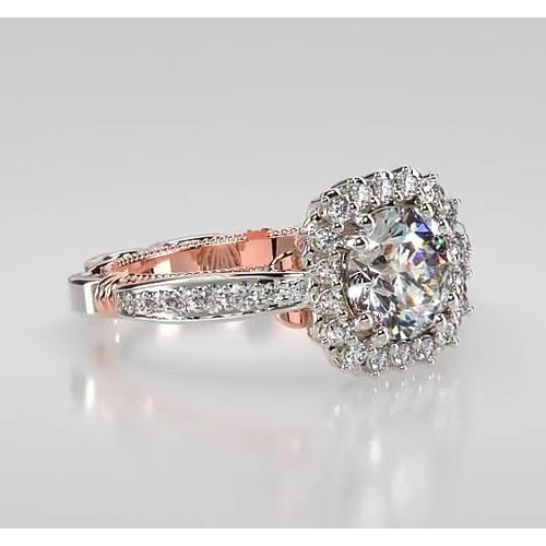 Anello Bicolore Con Genuino Diamante Rotondo Anniversario Halo Ring 2.50 Carati