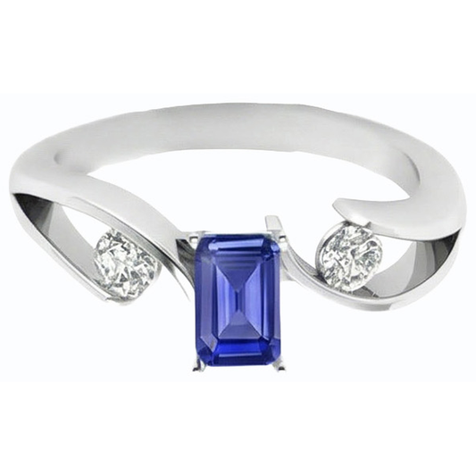 Anello Bypass Style con 1,75 carati tre pietre Emerald Ceylon Sapphire in oro bianco 14K
