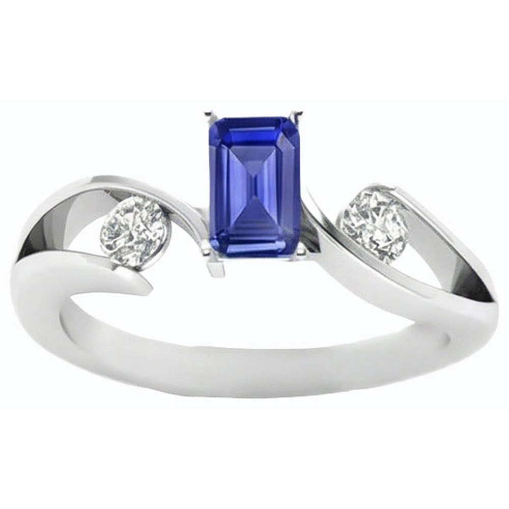 Anello Bypass Style con 1,75 carati tre pietre Emerald Ceylon Sapphire in oro bianco 14K