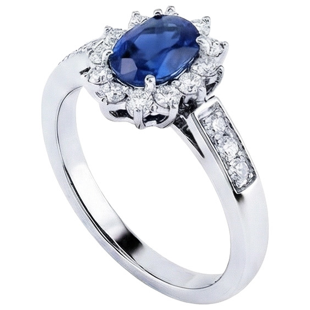 Anello Ceylon con zaffiro ovale da 2,50 carati e diamanti taglio rotondo in oro bianco 14K