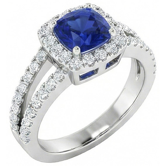 Anello Con Cuscino Zaffiro Blu 4,50 Carati e Diamanti Naturali Autentici ( non creati in laboratorio ) in Oro Bianco 14K