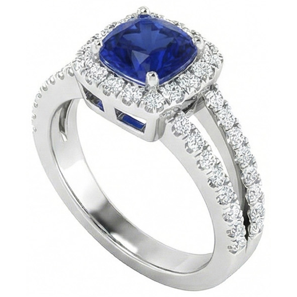 Anello Con Cuscino Zaffiro Blu 4,50 Carati e Diamanti Naturali Autentici ( non creati in laboratorio ) in Oro Bianco 14K