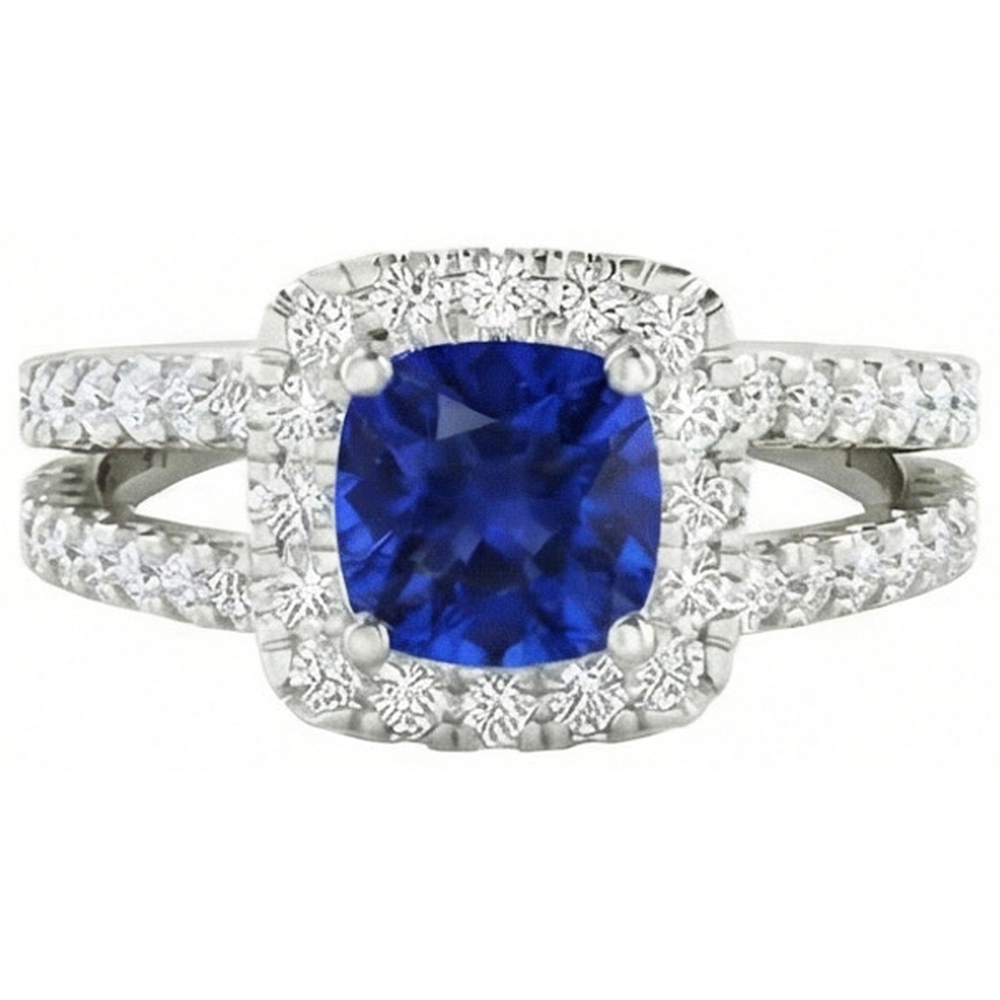 Anello Con Cuscino Zaffiro Blu 4,50 Carati e Diamanti Naturali Autentici ( non creati in laboratorio ) in Oro Bianco 14K