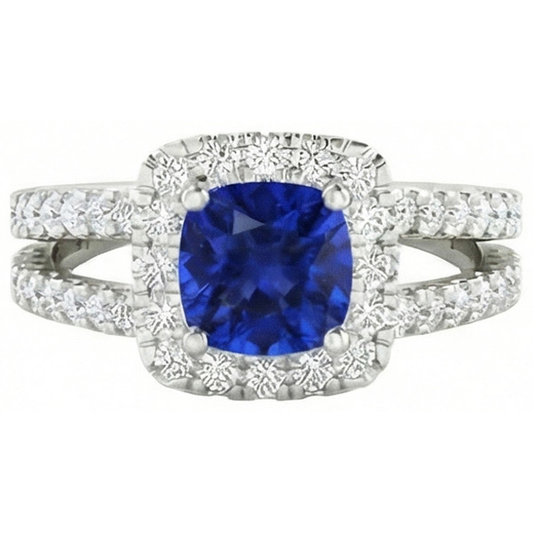 Anello Con Cuscino Zaffiro Blu 4,50 Carati e Diamanti Naturali Autentici ( non creati in laboratorio ) in Oro Bianco 14K