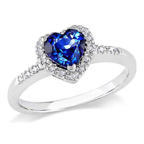 Anello Con Diamanti Rotondo Con Zaffiri Blu Ceylon Taglio Cuore Oro Bianco 14K