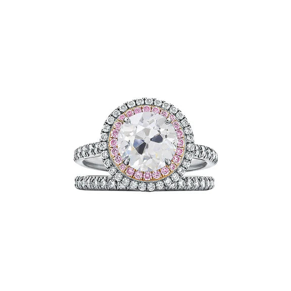 Anello Con Doppio Alone Incastonato Con Vero Diamanti Rotondi Taglio Antico E Zaffiro Rosa 4.50 carati