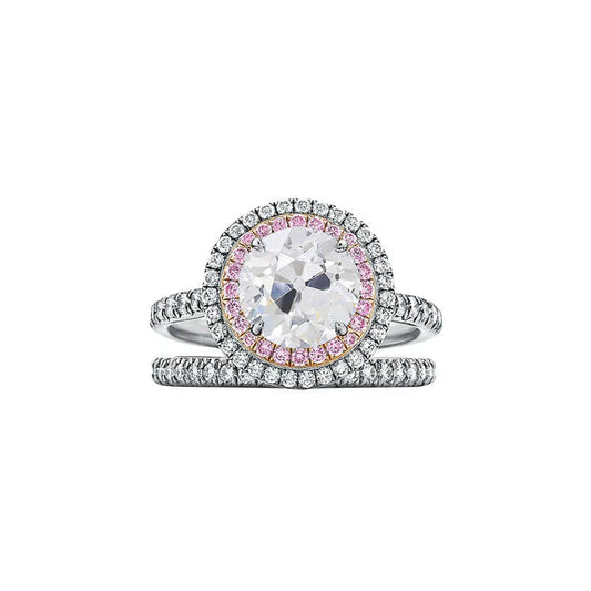Anello Con Doppio Alone Incastonato Con Vero Diamanti Rotondi Taglio Antico E Zaffiro Rosa 4.50 carati
