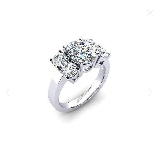 Anello Con Genuino Diamante Scintillante Taglio Ovale E Rotondo. Oro Bianco 14K 2.70 Ct