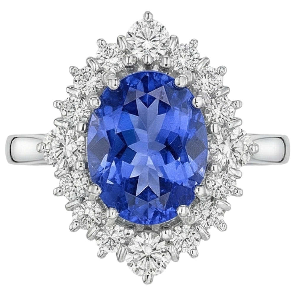 Anello Con Tanzanite Ovale Da 4.90 CT E Diamanti in Oro Bianco 14 Carati