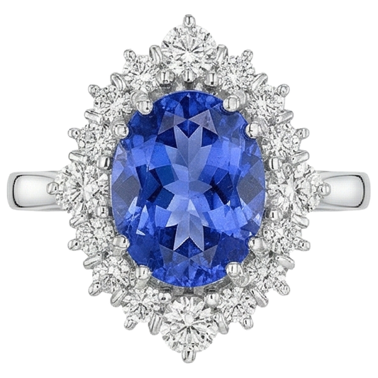 Anello Con Tanzanite Ovale Da 4.90 CT E Diamanti in Oro Bianco 14 Carati