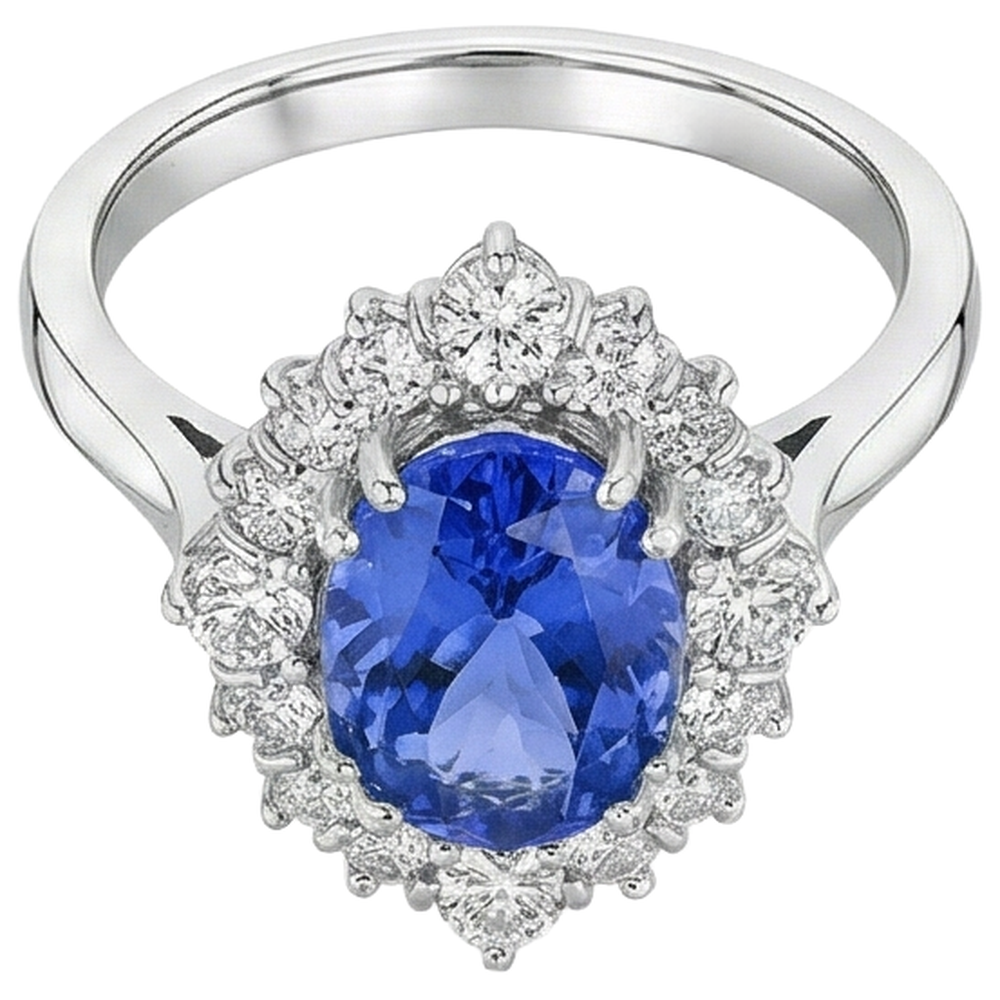 Anello Con Tanzanite Ovale Da 4.90 CT E Diamanti in Oro Bianco 14 Carati