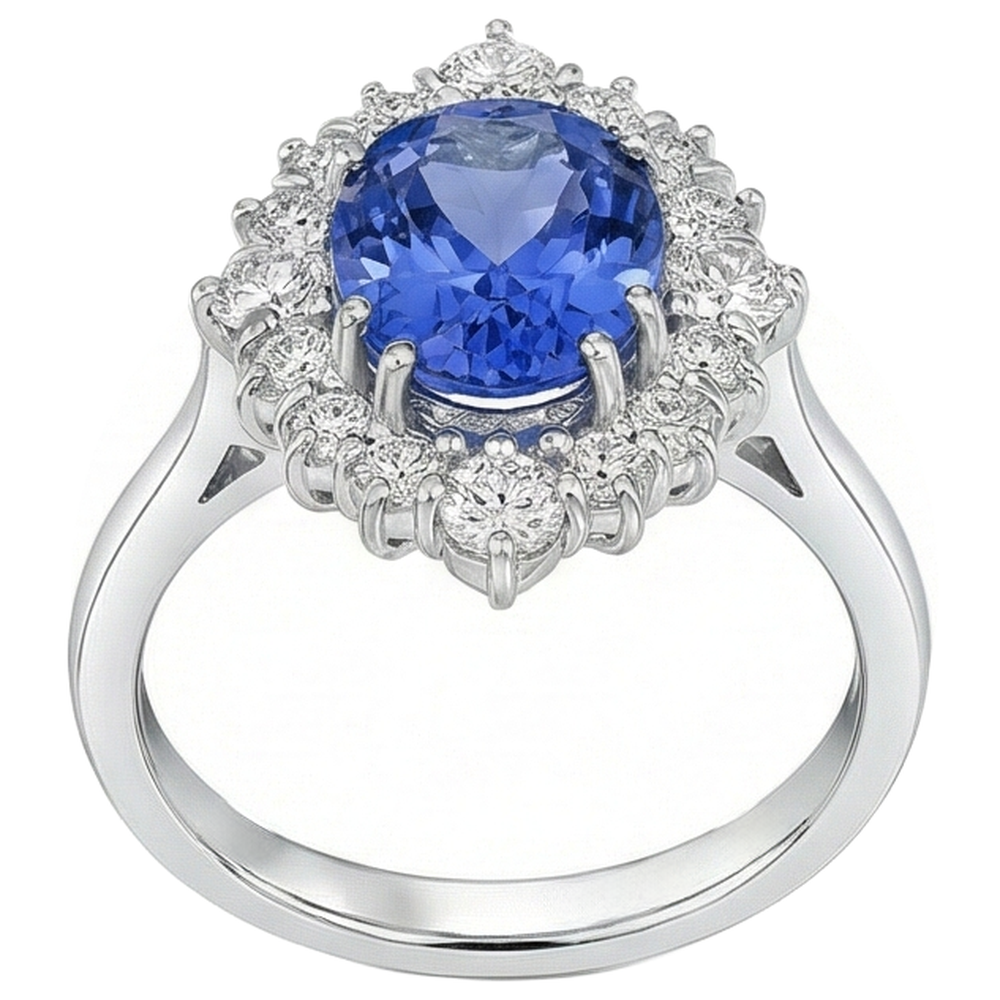 Anello Con Tanzanite Ovale Da 4.90 CT E Diamanti in Oro Bianco 14 Carati