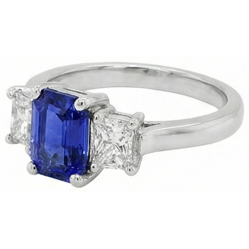 Anello Con Tre Pietre Zaffiro Blu Smeraldo E Diamanti Naturali Autentici ( non creati in laboratorio )